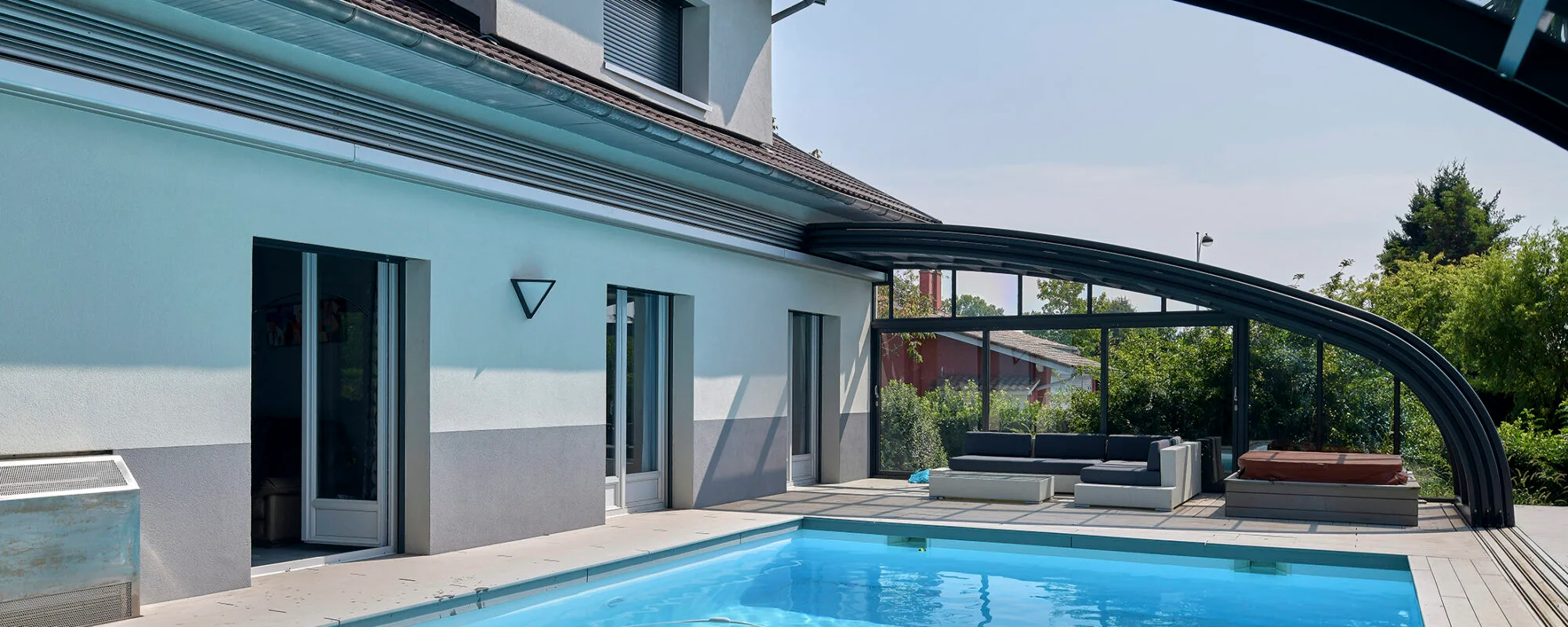 Abri haut mural sur mesure mobile, piscine de 9x5m