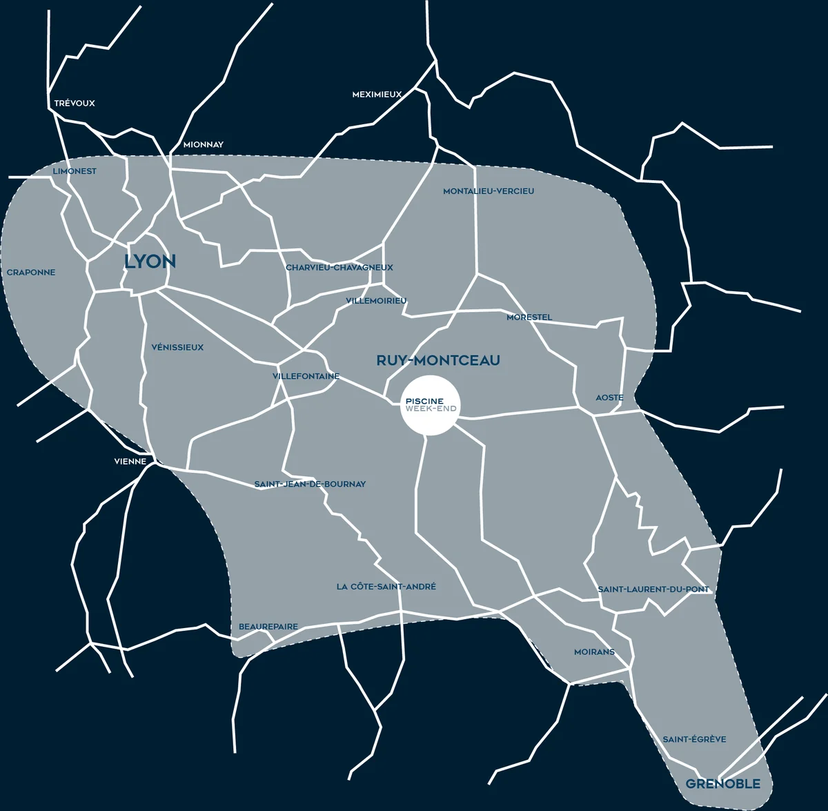 Carte de la zone d'intervention de Piscine Week-End autour de Ruy-Montceau, de Lyon à Grenoble
