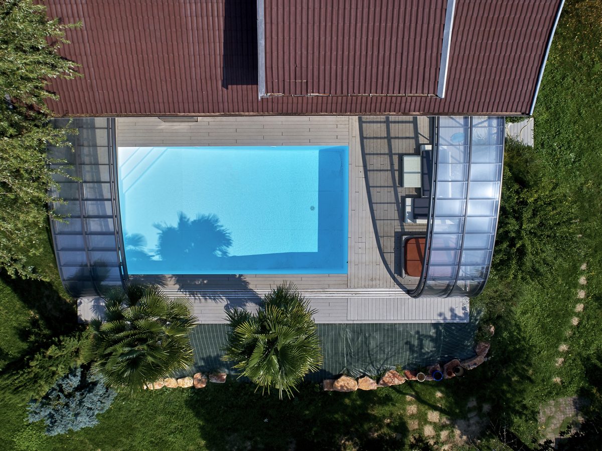 Abri haut mural sur mesure mobile, piscine de 9x5m